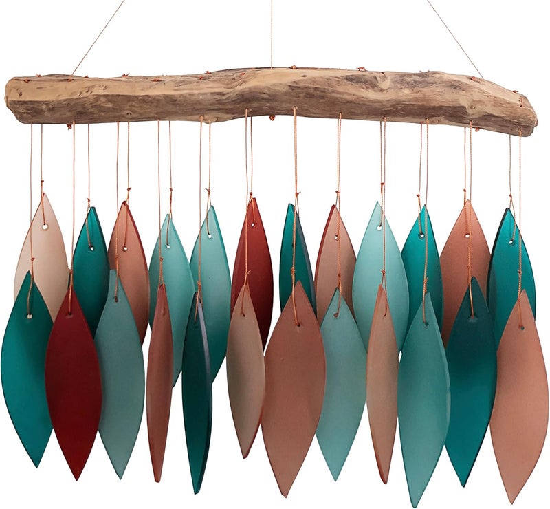 Gift Essentials Blue Handworks Coral and Teal Glass & Driftwood Chime, Sandblasted Glass and Found Wood Handcrafted Wind Chime - Image 1